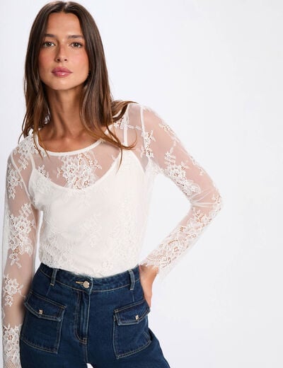 Kant T-shirt met lange mouwen ivoor vrouw