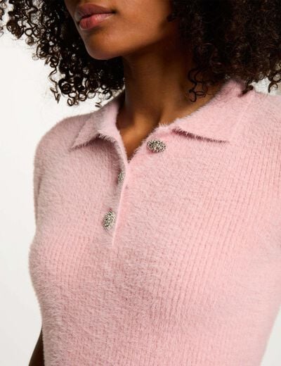 Pull court col à revers rose femme
