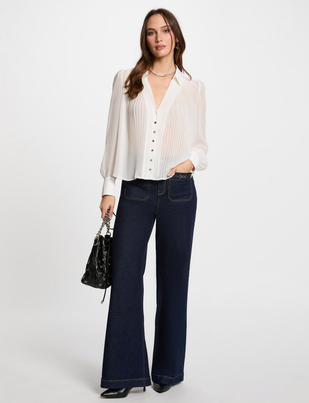 Chemise manches longues plis blanc femme