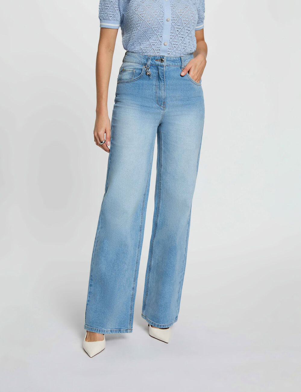 Hoge taille wijde jeans dubbel stone washed denim vrouw