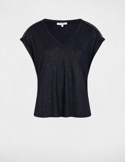 T-shirt manches courtes strass bleu marine femme