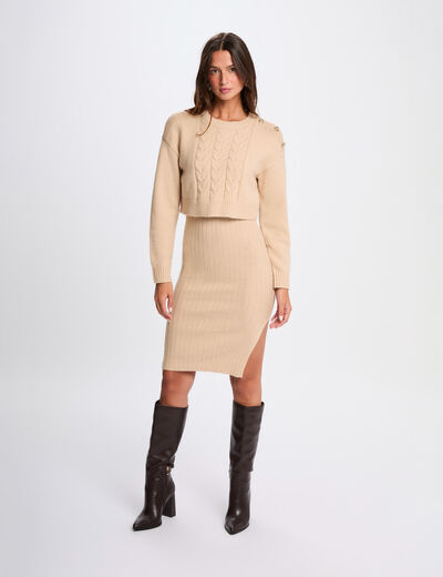 Robe tricot ajustée 2-en-1 beige femme