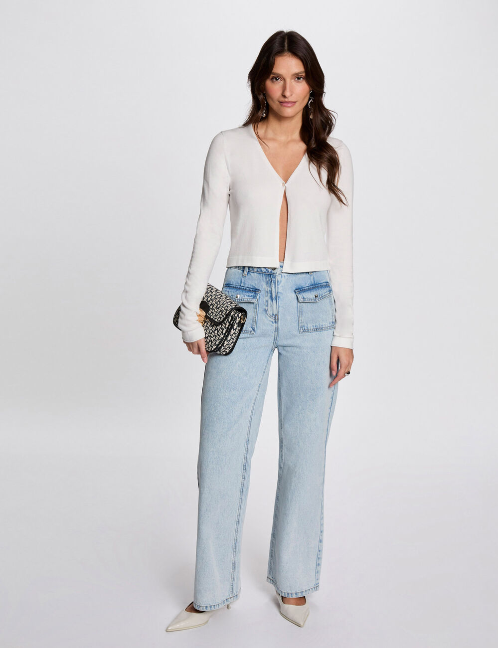 Gilet manches longues &agrave; col en V blanc femme