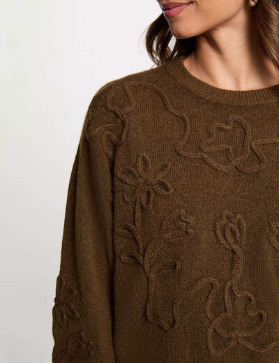 Pull col rond fantaisie vert kaki femme