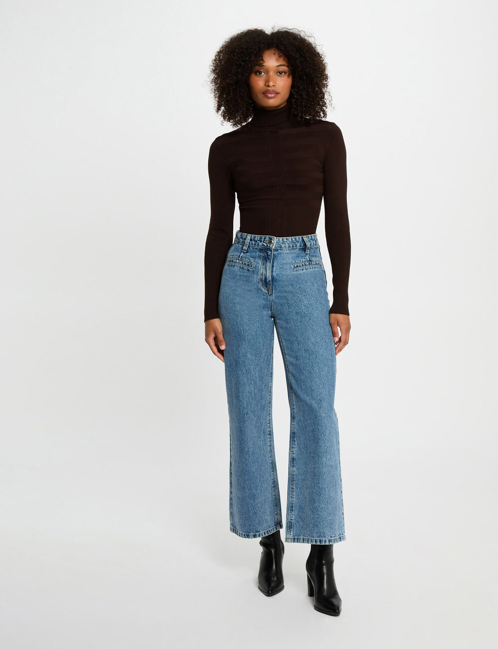 Pull col roulé ajusté marron foncé femme