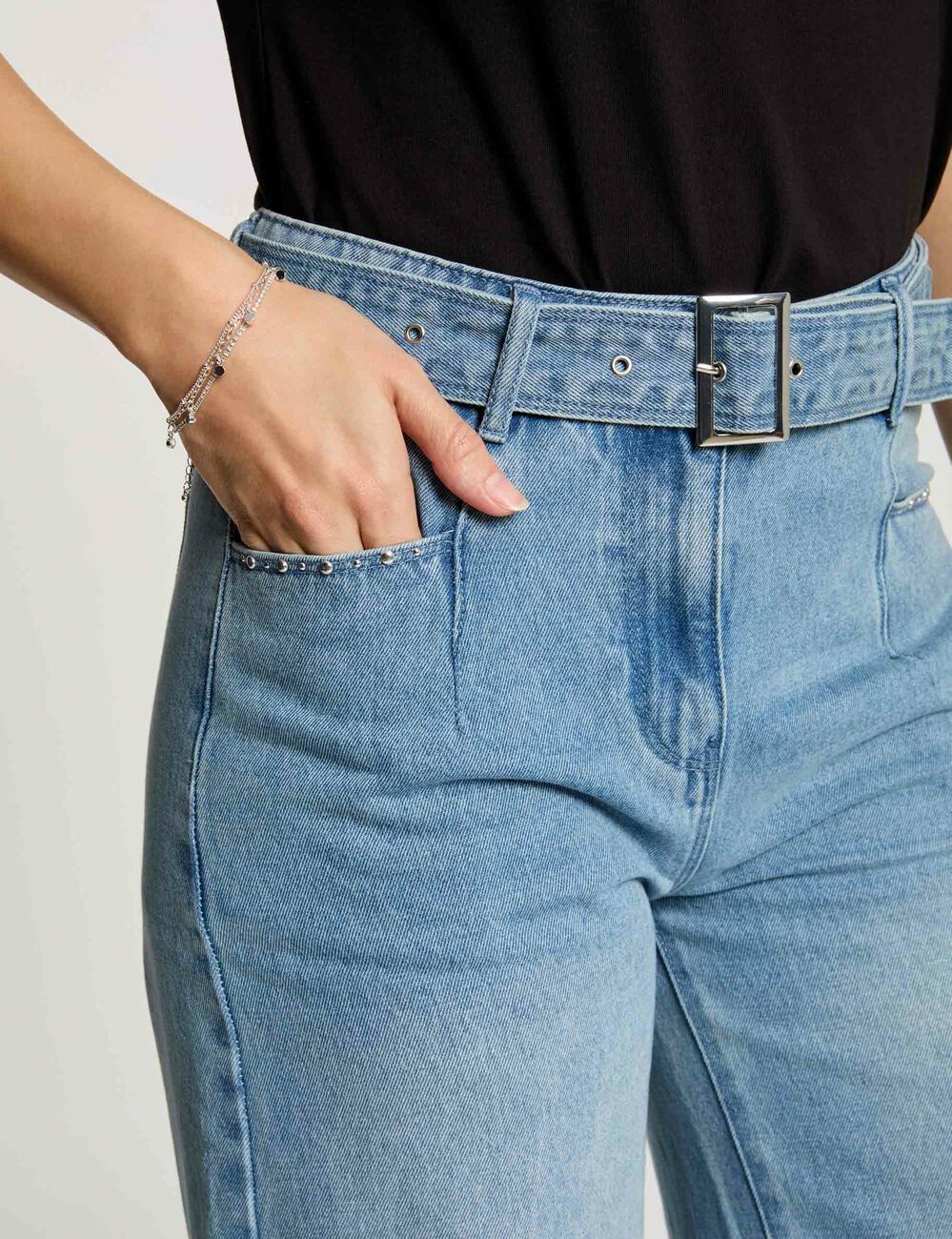 7/8 wijde jeans met ceintuur gebleekt denim vrouw
