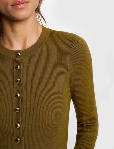 Pull cintr&eacute; col rond vert olive femme