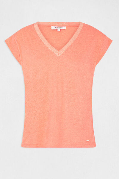 T-shirt manches courtes à col en V orange femme