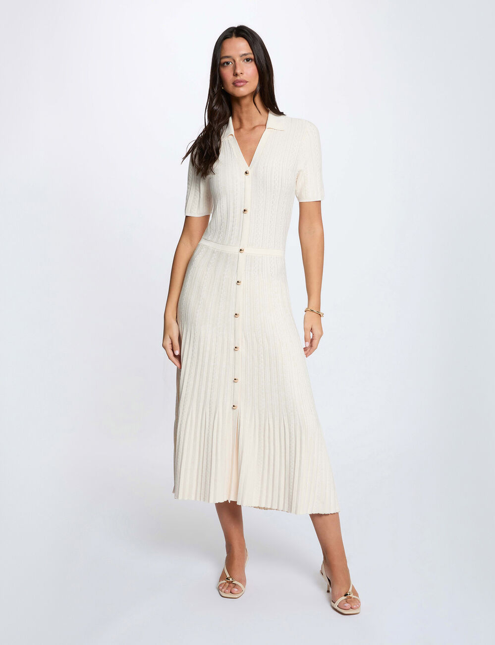 Robe tricot col &agrave; revers ivoire femme