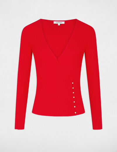 Pull manches longues col cache-coeur rouge femme