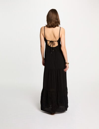 Robe longue fluide broderie noir femme