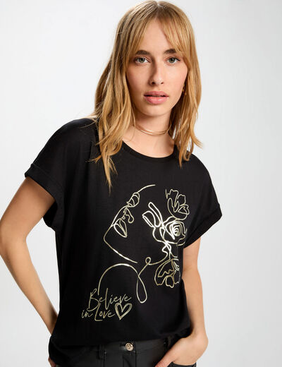 T-shirt droit col rond noir femme