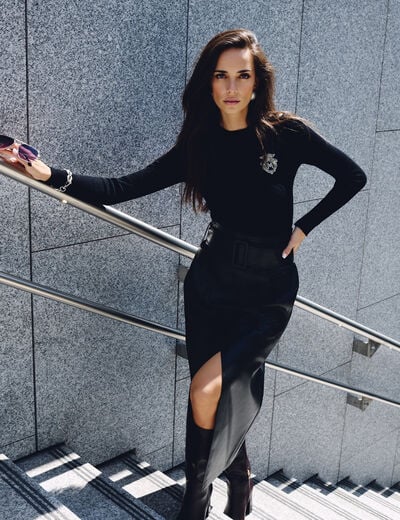 Jupe longue simili cuir noir femme