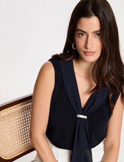 T-shirt col lavalli&egrave;re bleu marine femme