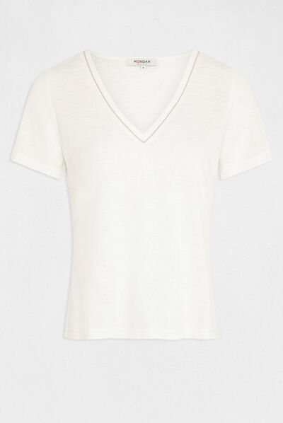 T-shirt met V-hals en korte mouwen ecru vrouw