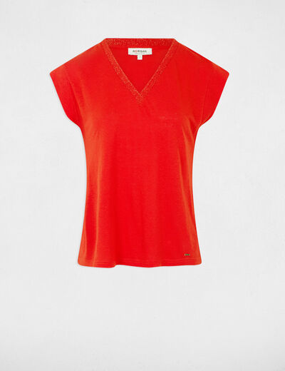 T-shirt met V-hals en korte mouwen oranje vrouw