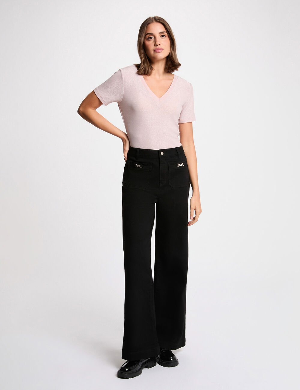 T-shirt manches courtes avec col en V rose clair femme