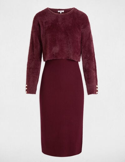 Robe tricot midi ajust&eacute;e 2-en-1 prune femme