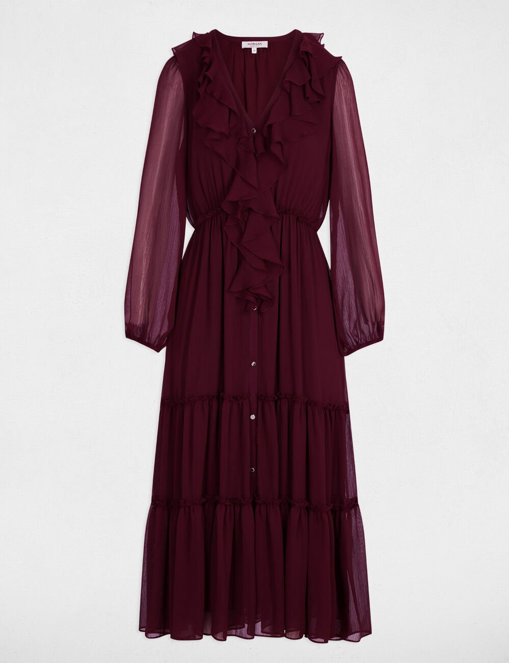 Lange, vloeiende jurk pruim vrouw