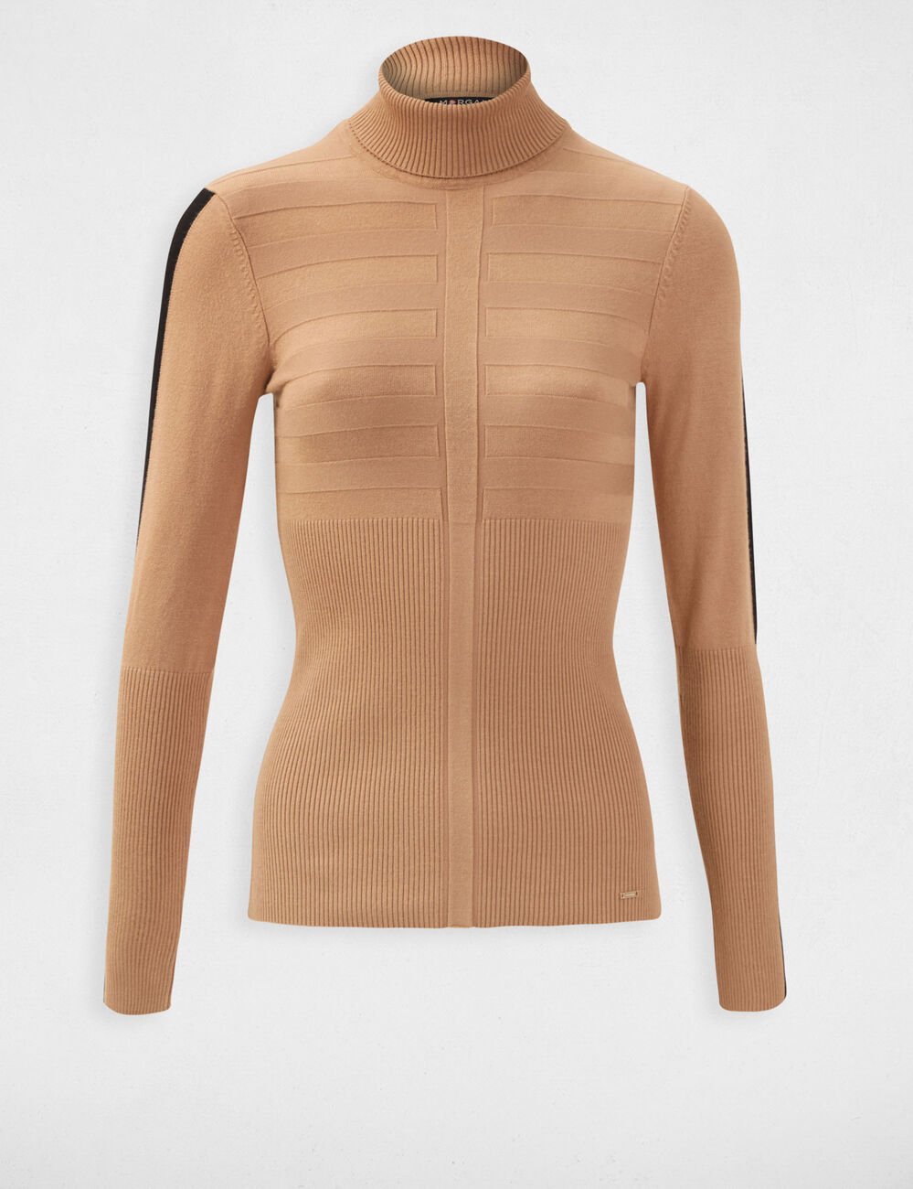 Pull manches longues bande contrastante camel femme