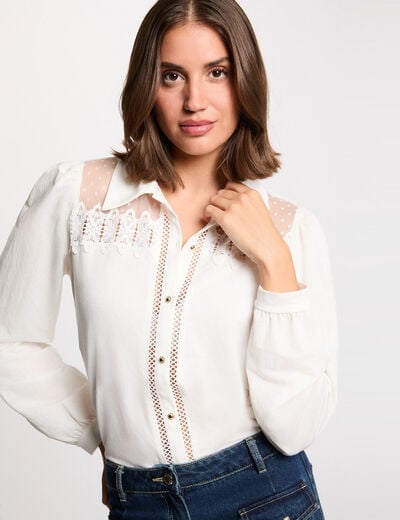 T-shirt dentelle manches longues blanc femme
