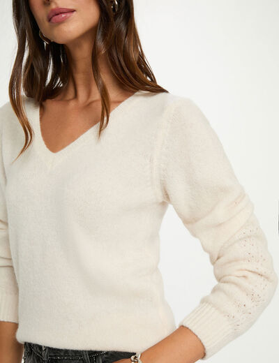 Pull court col v ivoire femme