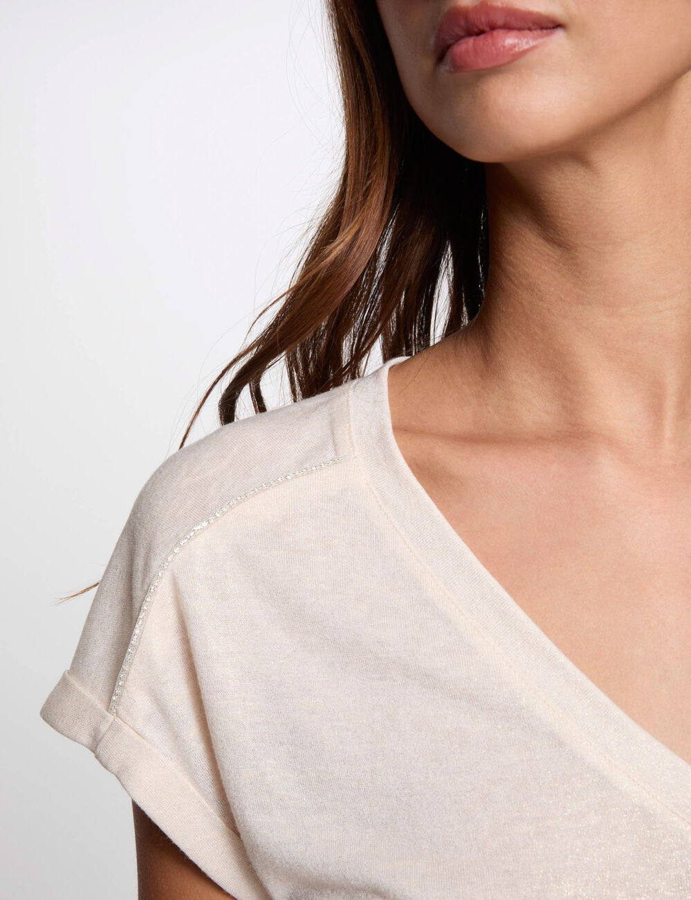 T-shirt met korte mouwen en strass ivoor vrouw