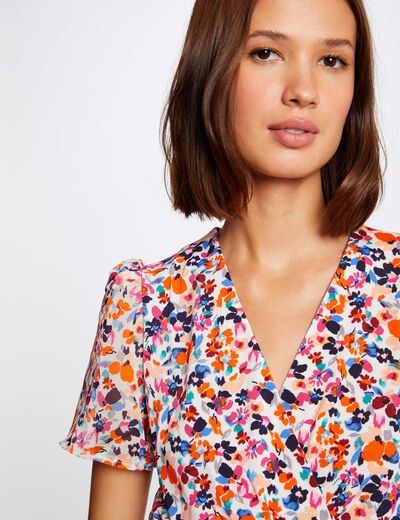 T-shirt korte mouwen en bloemenmotief ecru vrouw
