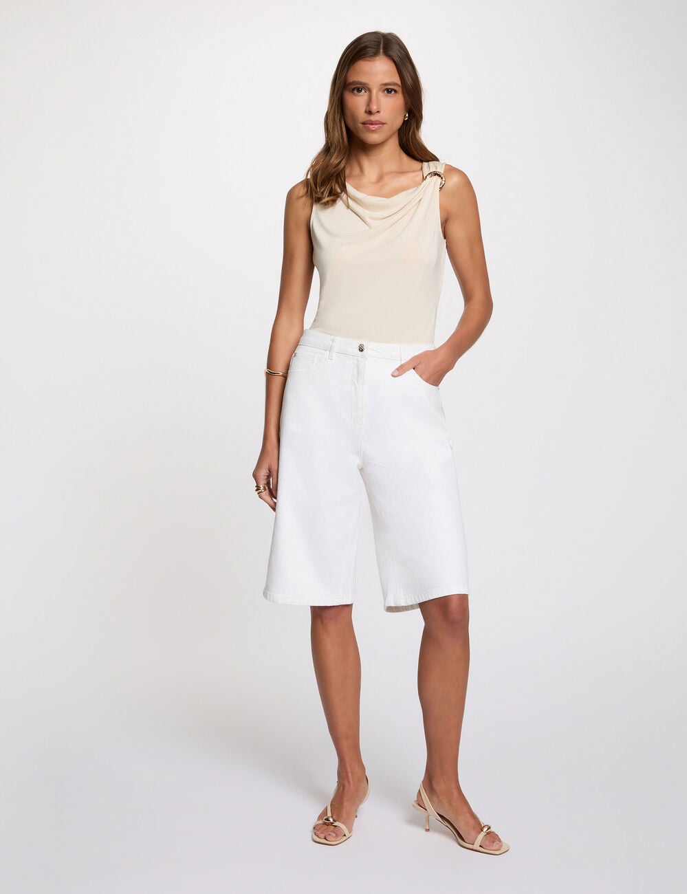 Cowlneck tanktop licht beige vrouw