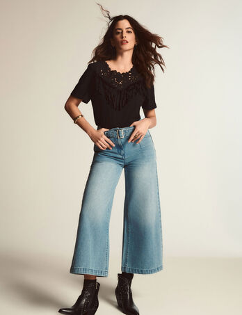 7/8 wijde jeans met ceintuur gebleekt denim vrouw