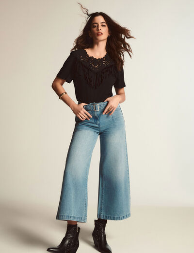 Jeans large 7/8ème ceinturé denim bleach femme