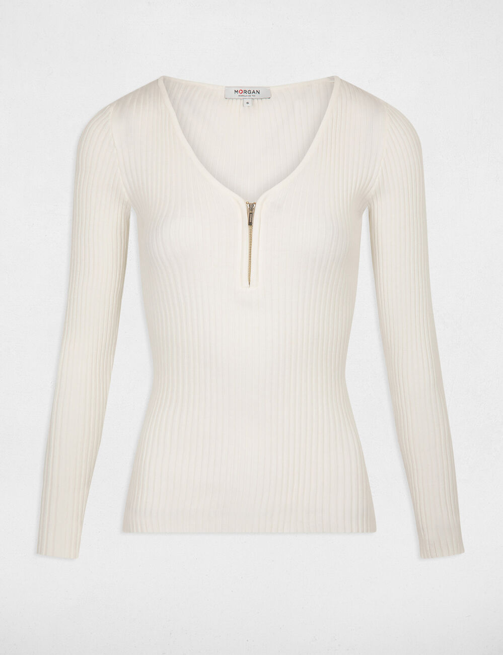 Ribgebreide trui met lange mouwen ecru vrouw