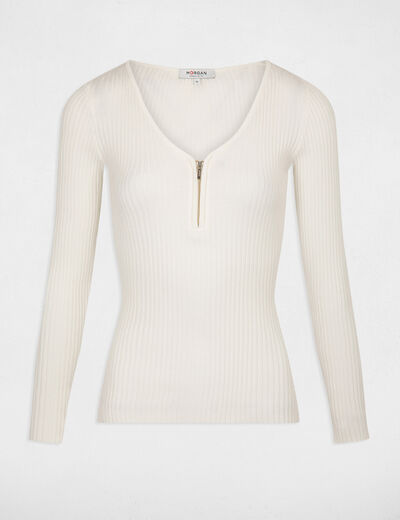 Ribgebreide trui met lange mouwen ecru vrouw