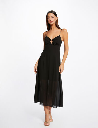 Uitlopende midi-jurk met kettingbandjes zwart vrouw