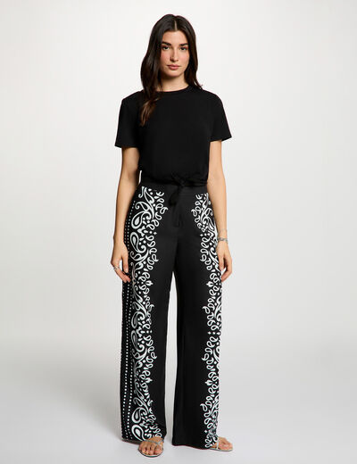 Pantalon fluide imprim&eacute; noir femme