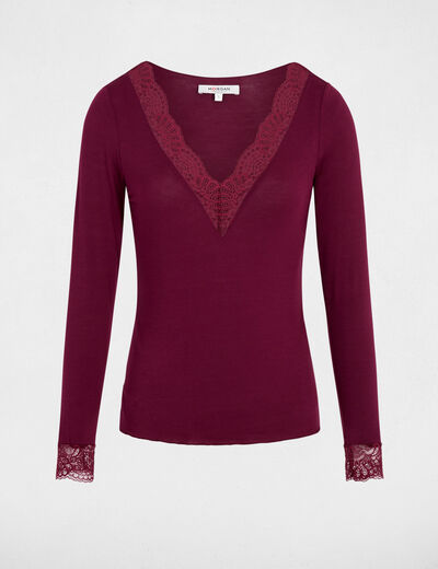 T-shirt met V-hals en kant pruim vrouw