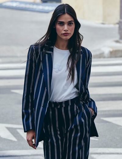 Blazer ray&eacute; col tailleur bleu marine femme
