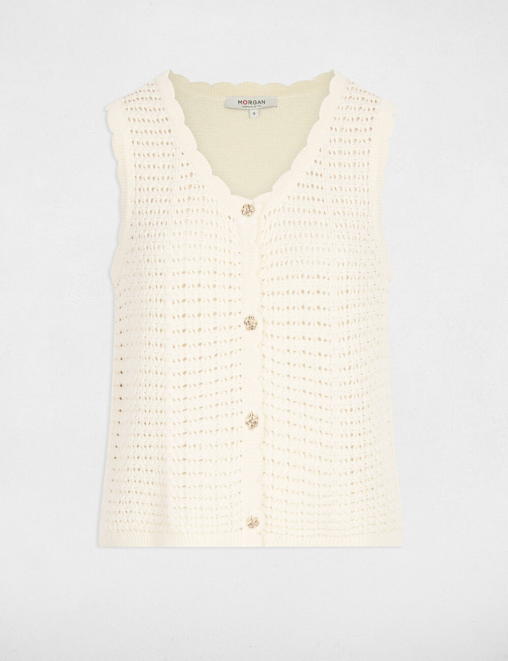 Mouwloos opengewerkt vest ivoor vrouw