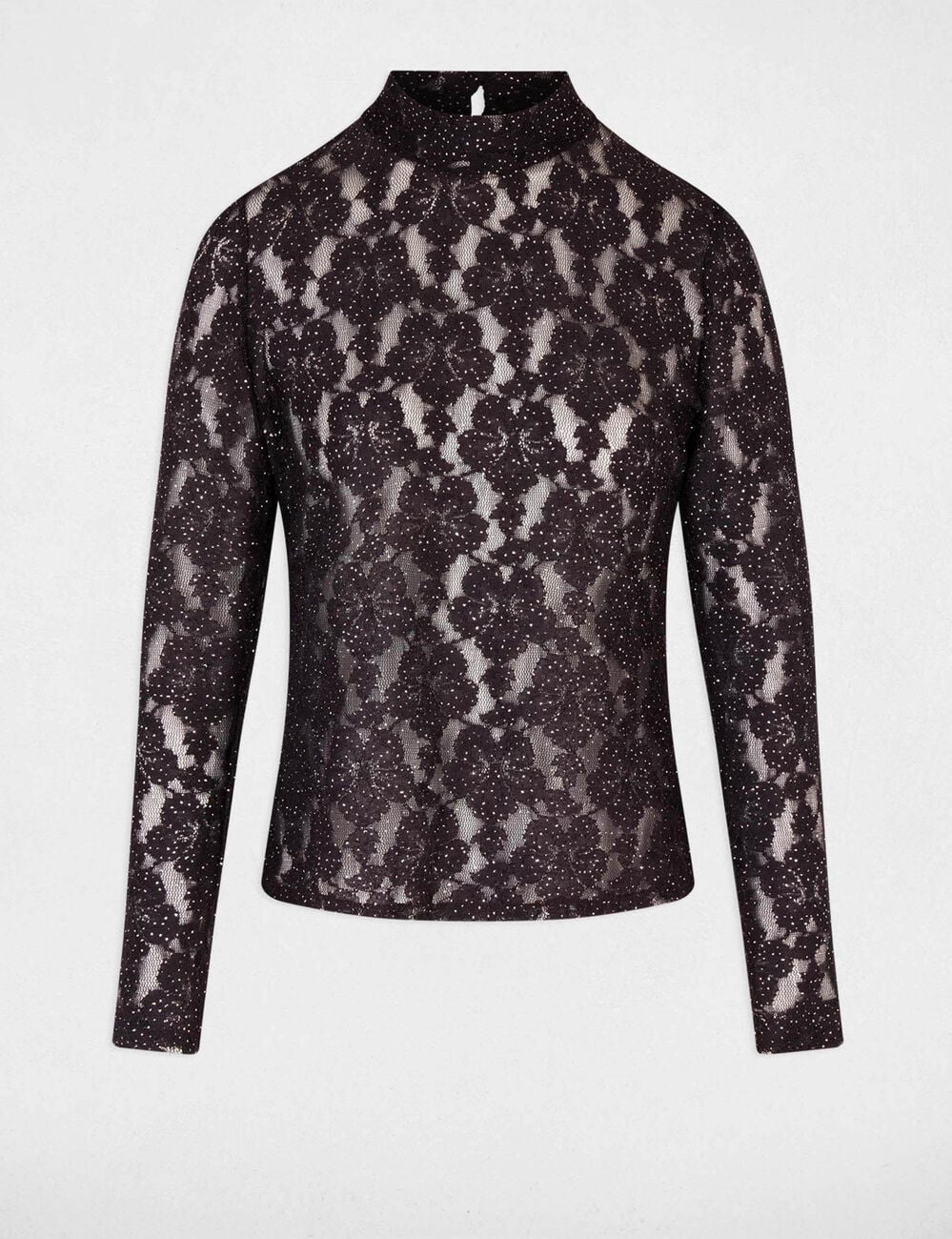 Kant T-shirt met opengewerkt patroon donker bruin vrouw