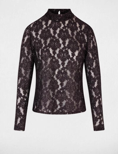 Kant T-shirt met opengewerkt patroon donker bruin vrouw
