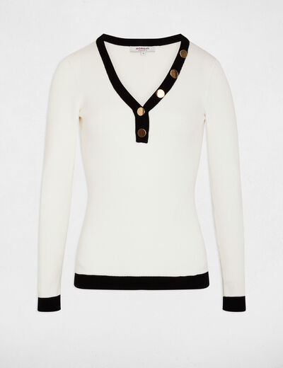 Pull ajusté col v blanc femme