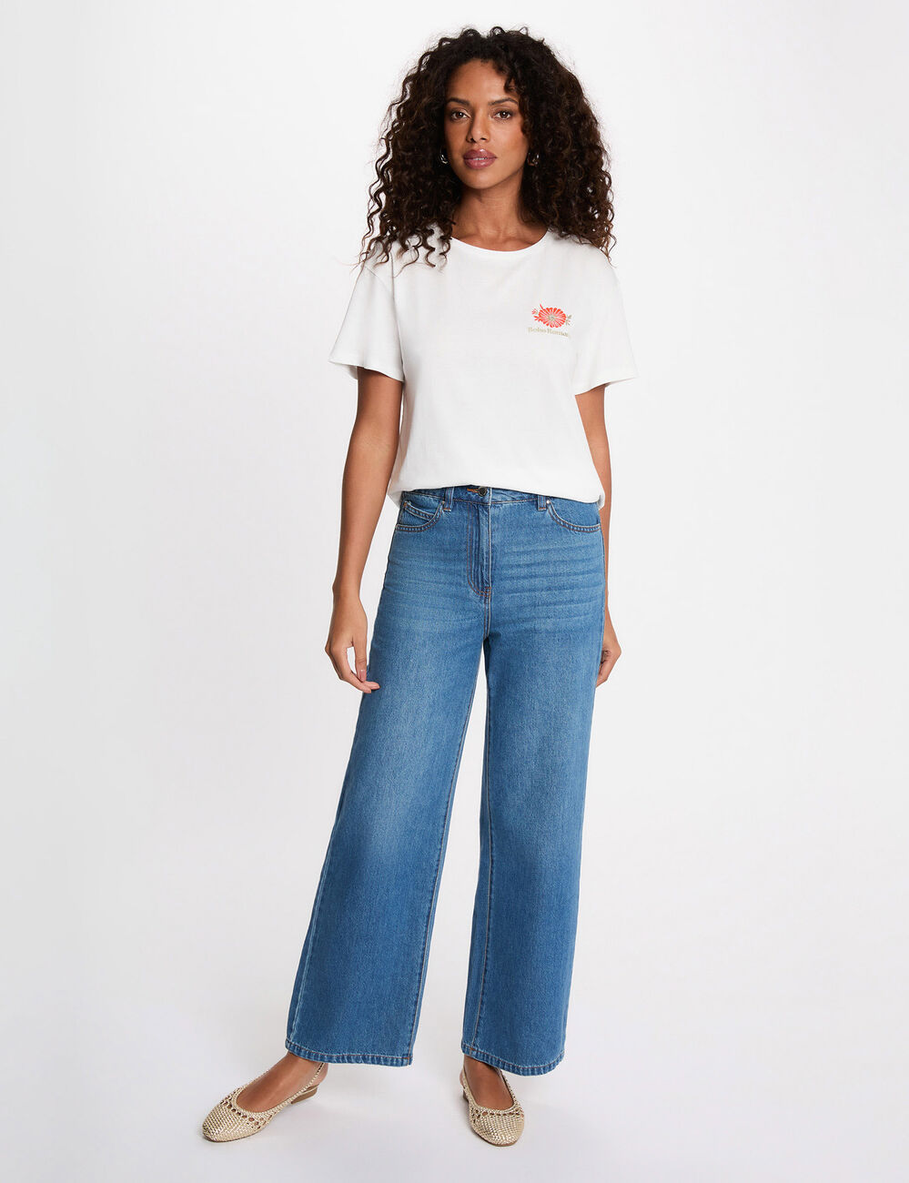 T-shirt imprim&eacute; col rond blanc femme