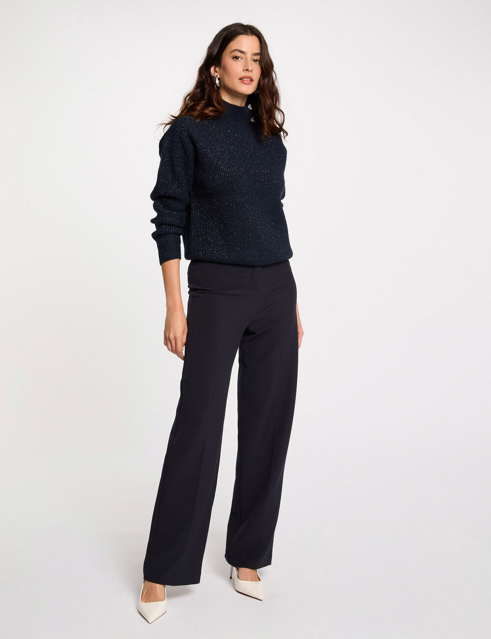 Trui met lange mouwen en knopen marineblauw vrouw