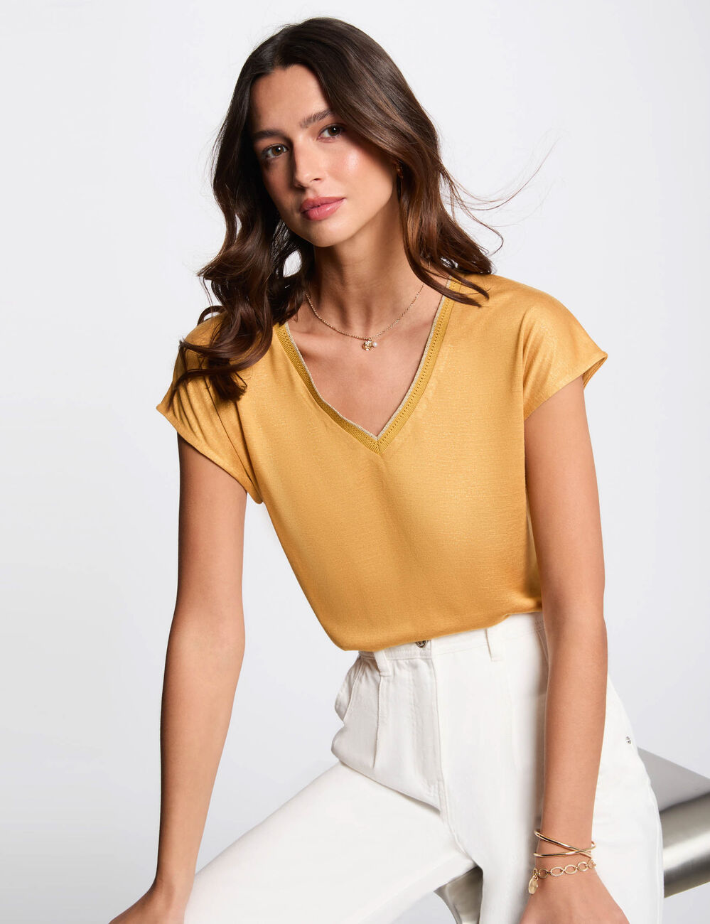 T-shirt met korte mouwen mosterd geel vrouw