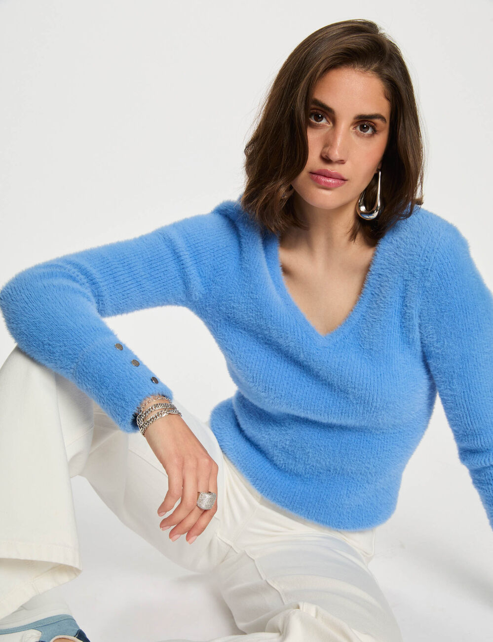 Pull manches longues maille duveteuse bleu femme