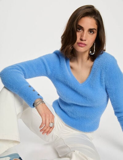 Pull manches longues maille duveteuse bleu femme