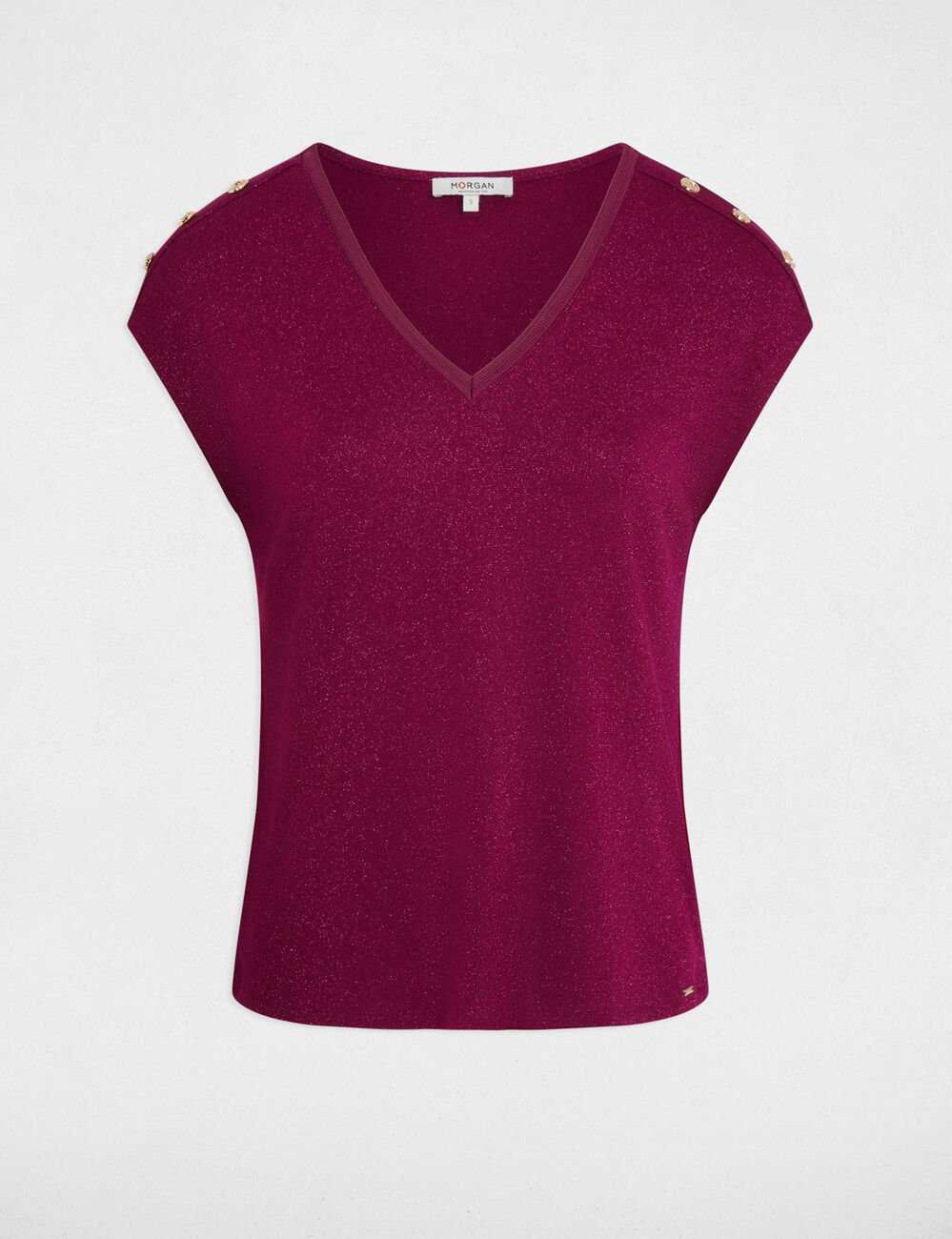 T-shirt col v boutons prune femme