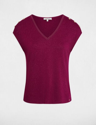 T-shirt col v boutons prune femme