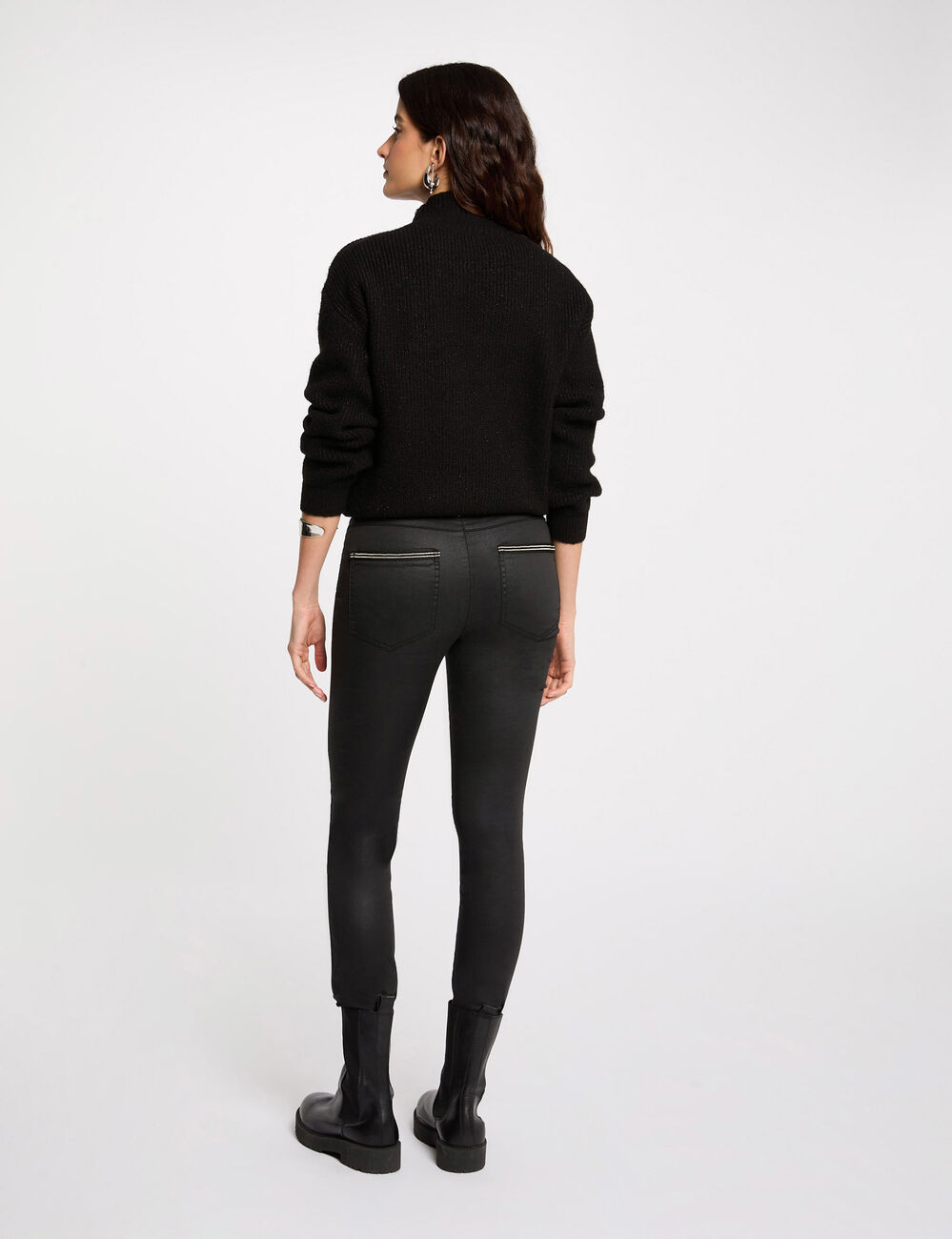 Pantalon slim enduit noir femme