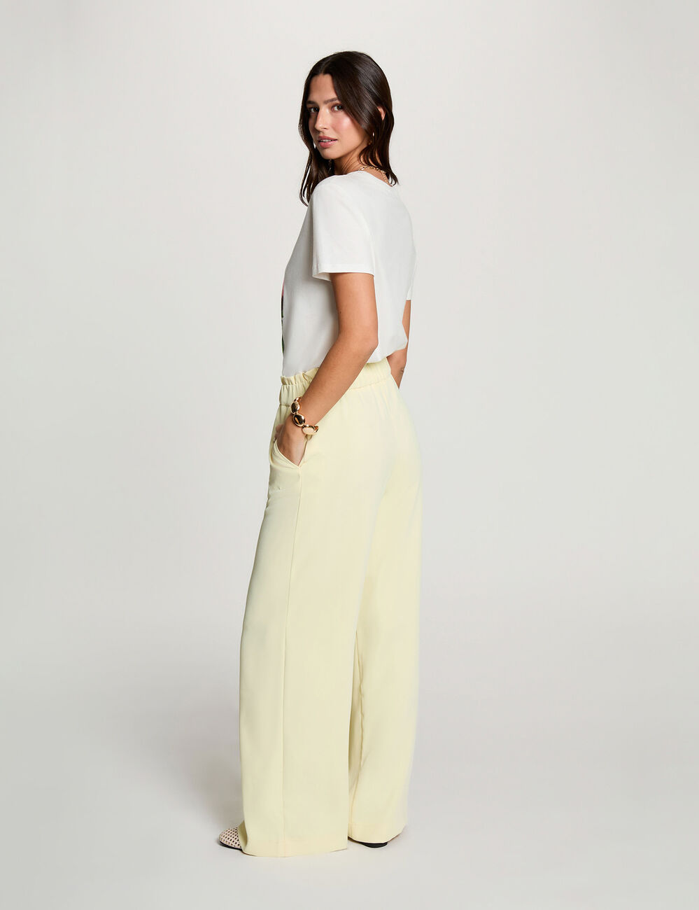 Pantalon large taille haute jaune pastel femme